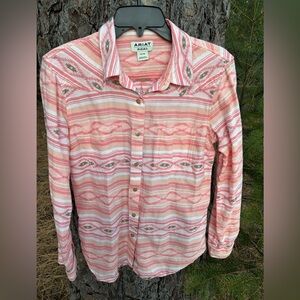 Ariat womans Coral and White Patterned Button Down Shirt